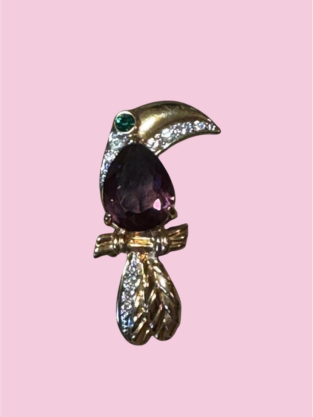 Gold-Tone Toucan Bird Brooch Pin with Purple Stone Crystals
